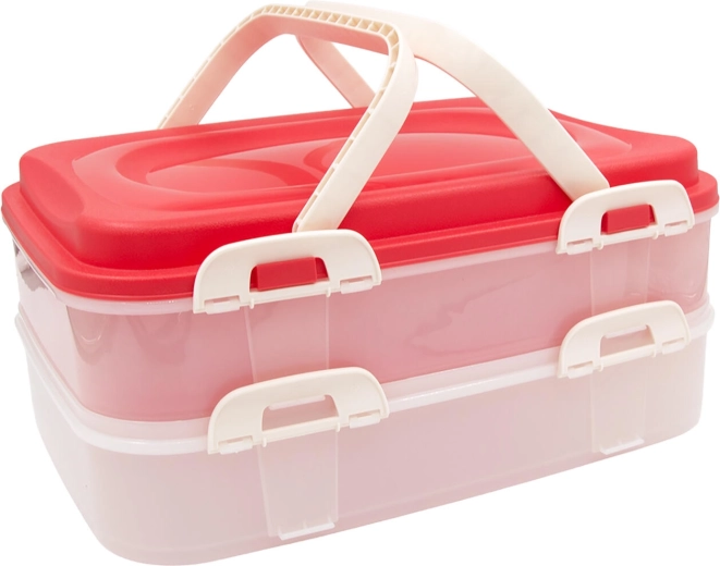 Étel tárolódoboz záróklipszekkel és fogantyúkkal, 2 szintes, 40 × 30 × 18 cm, rózsaszín