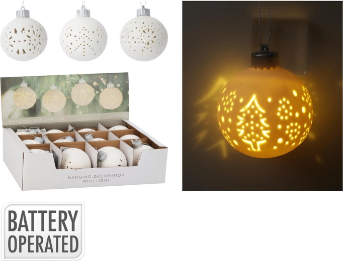 Függesztett LED díszgömb 10 cm – fehér, vegyes motívumok