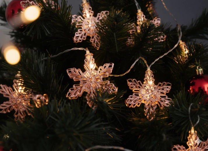 LED fényfüzér hópelyhek, rozéarany, meleg fehér, 10 LED