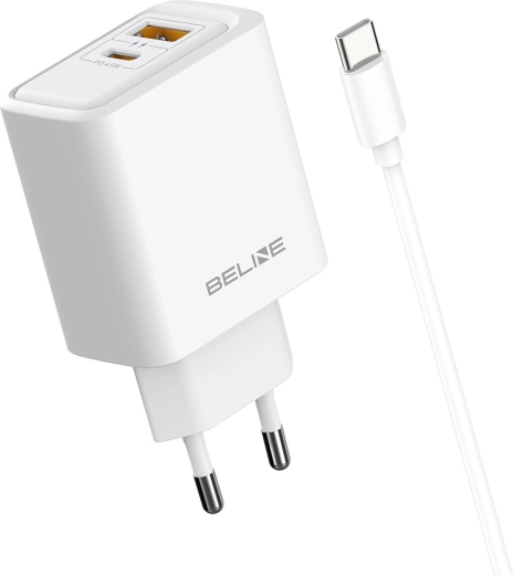 Beline 45 W-os hálózati töltő USB-A/USB-C csatlakozóval, GaN PD technológiával és kábellel, fehér