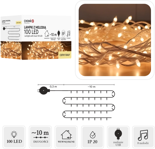 LED fényfüzér dallammal USB, meleg fehér, 100 LED, 10 m