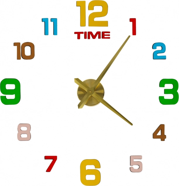 DIY öntapadós falióra 80–90 cm, arany mutatók, színes számjegyek