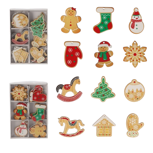 18 darabos fa karácsonyi mézeskalács alakú dísz szett
