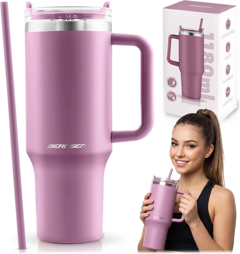 Berdsen rózsaszín vákuumos termoszbögre szívószállal, 1180 ml