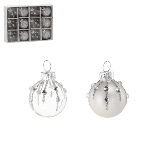 Üveg karácsonyi díszek készlete – ezüst és átlátszó gömbök, 12 db