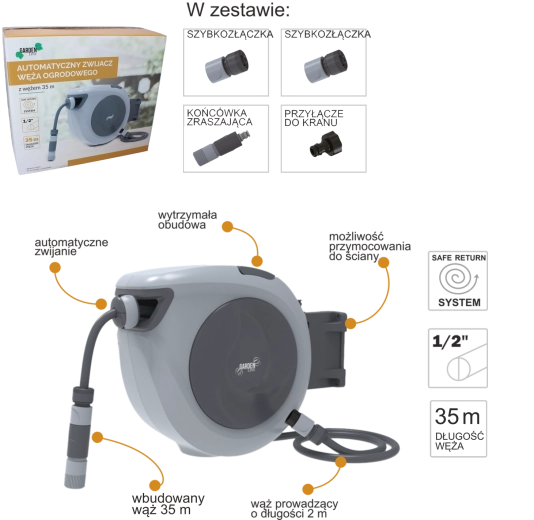 Automatikus kerti tömlőcsévélő 35 m fali tartóval