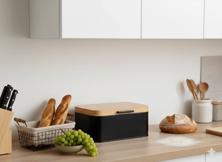 Lauro kenyértartó fém testtel és bambusz fedéllel, fekete