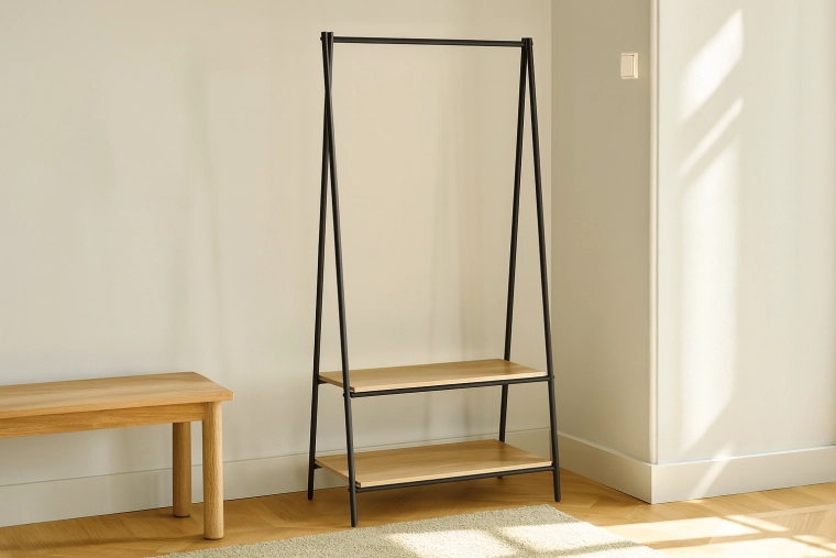 Szabadon álló ruhafogas 2 polccal 80 × 40 × 160 cm, fém és fa, loft dizájn