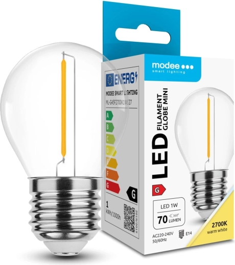 Modee LED filament mini G45 izzó 1W E27, meleg fehér 2700K, 70 lm