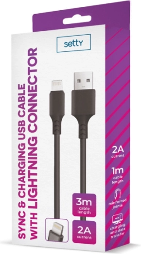 Setty USB–Lightning kábel 3 m 2 A fekete