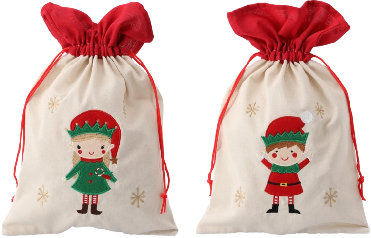 Ajándék zsák, bézs, 25 × 40 cm, manó mintával