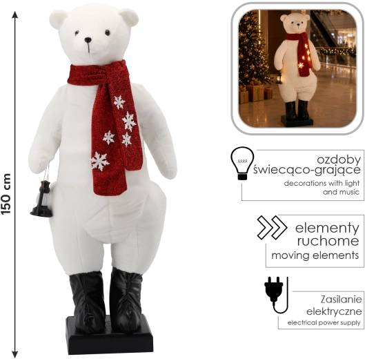 Felfújható karácsonyi jegesmedve-dekoráció LED-világítással, dallammal és mozgással, 150 cm