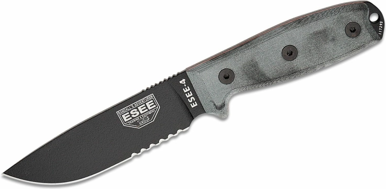 ESEE 4S kés részleges fogazással, 11,4 cm, fekete/szürke, Micarta, MOLLE tok