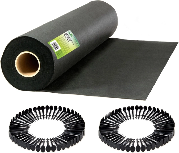 Kerti nem szőtt textil 1 × 75 m 50 darab rögzítő tüskével – fekete