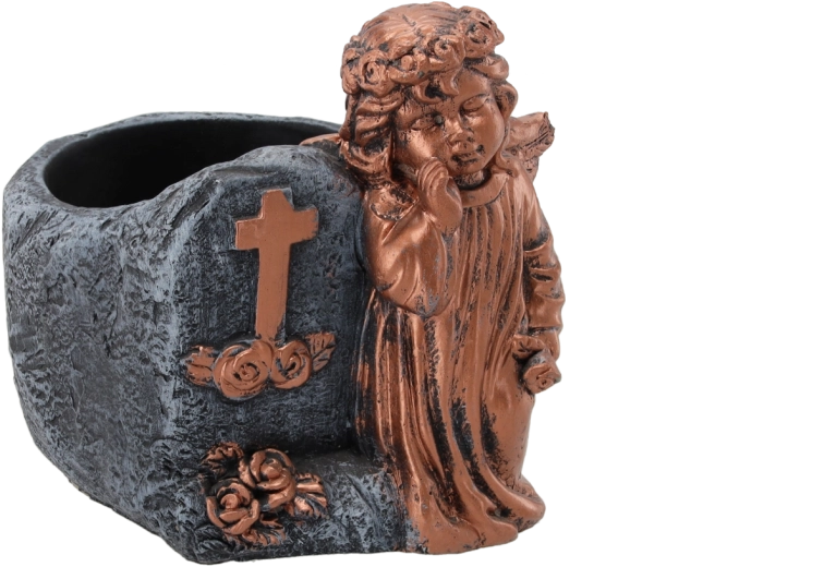 Cement sírdísz virágtartó angyalkával, réz árnyalatban, 16 × 14 × 15,5 cm