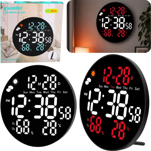 Gaosio digitális LED fali óra 25 cm-es átmérővel, hőmérséklettel, páratartalommal és távirányítóval