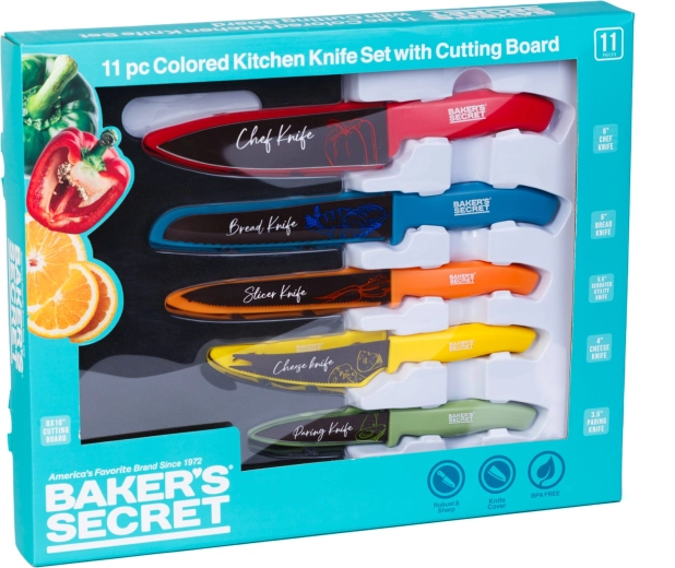 Baker's Secret 11 darabos színes konyhakéskészlet vágódeszkával