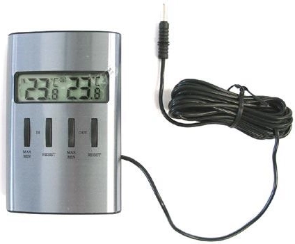 Digitális hőmérő beltéri és kültéri szondával 10 × 6 cm, ezüst