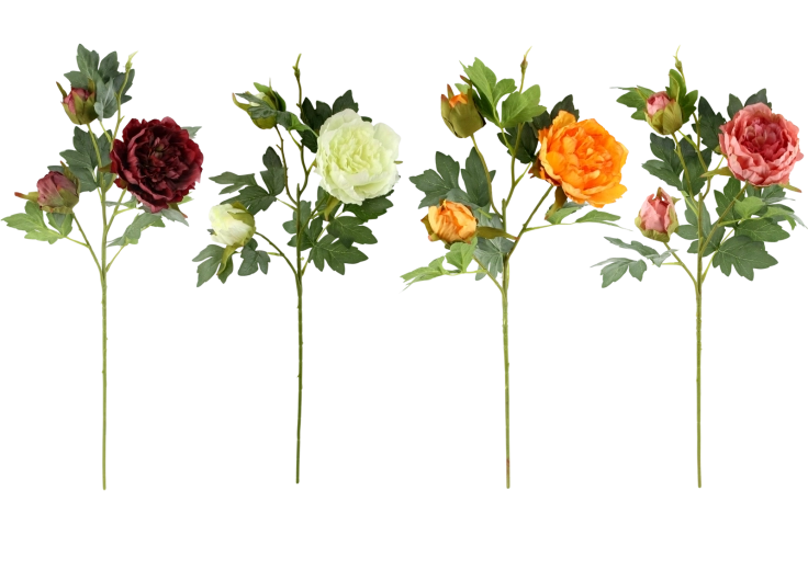 Mesterséges pünkösdi rózsa ág 3 virággal, 66,5 cm, vegyes színek