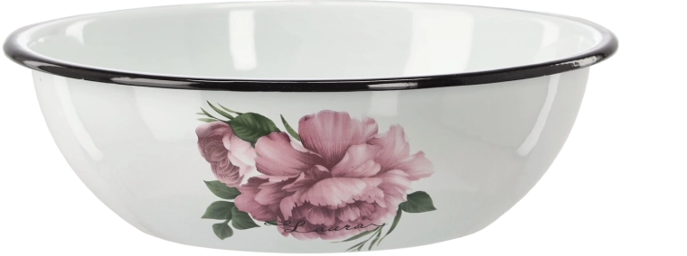 Zománcozott acél tál 2,5 l, 24,5 cm átmérő, fehér, bazsarózsa mintával