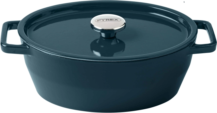 Pyrex öntöttvas lábas fedővel 29 cm, 4 l, sötétzöld