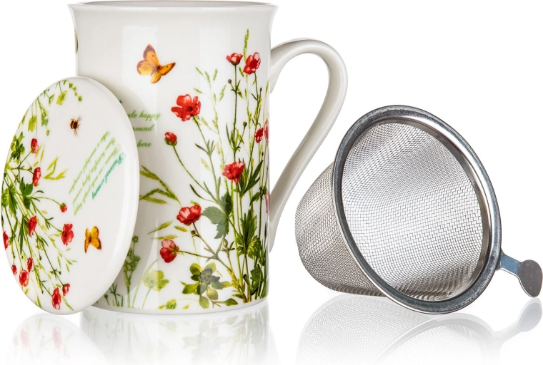 Kerámia bögre fedővel és rozsdamentes acél szűrővel 300 ml Meadow Flowers