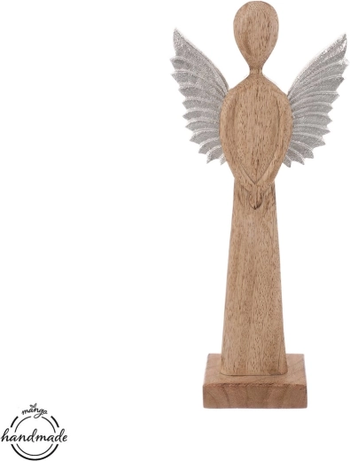 Dekoratív fa angyal mangófából fém szárnyakkal, 32 cm