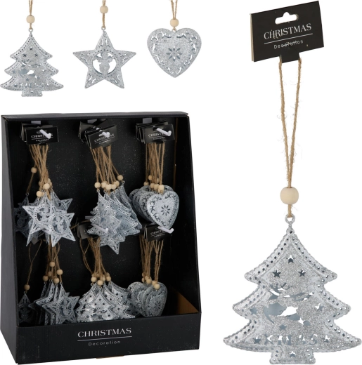 Karácsonyi függő fém dekoráció, vegyes formák 7–7,5 cm, fehér