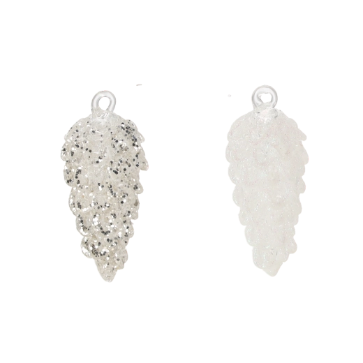 Üveg karácsonyi dísz, fehér toboz, különböző minták, 6 darabos szett