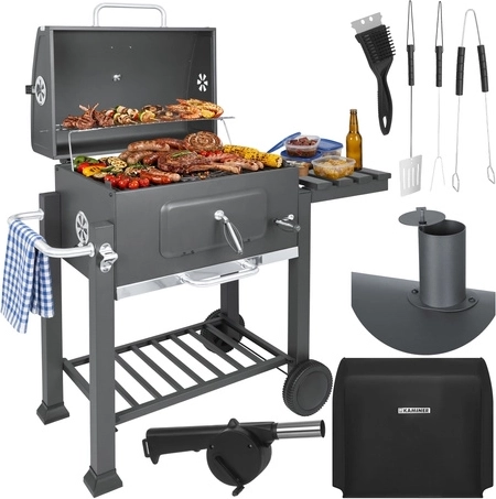 KAMINER kerti faszenes grill fedéllel és öntöttvas ráccsal