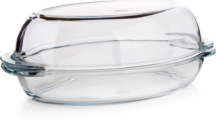 Üvegből készült ovális sütőtál fedővel 4,6 l (2,8 + 1,8 l), 34 × 19,6 cm