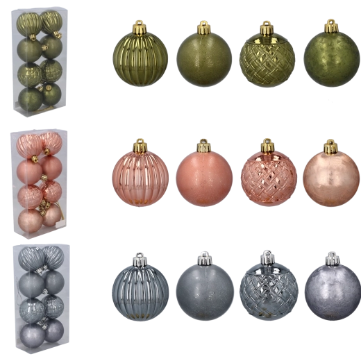 6 cm-es karácsonyi gömbszett – olívazöld, réz és grafit árnyalatok, 8 db