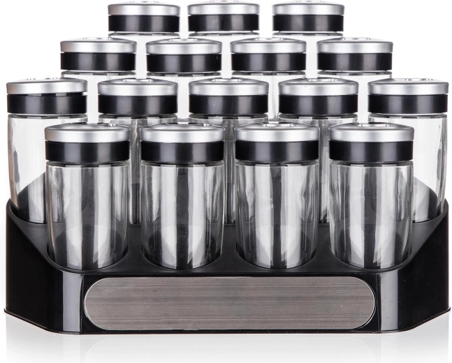 ALTIMA fűszertartó készlet állvánnyal, 16 db, 95 ml üveg tégelyek 3 nyílású fedővel