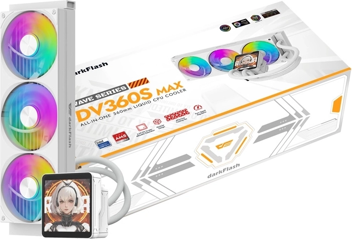 DarkFlash DV360S Max fehér 360 mm-es AIO vízhűtés CPU-hoz LCD kijelzővel