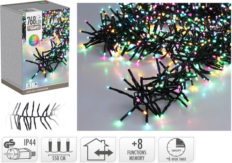 Karácsonyi LED fényfüzér 5,6 m, 768 LED, szivárvány színek, 8 funkció időzítővel, beltéri és kültéri használatra