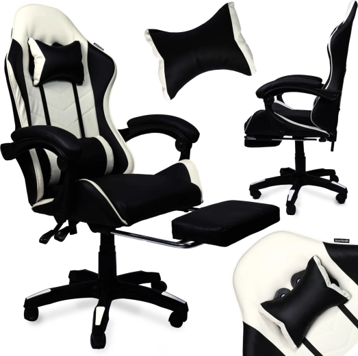 Fekete-fehér, műbőr, lábtartóval ellátott gamer forgószék