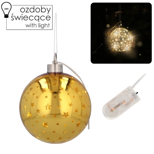 Üveg karácsonyi gömb 10 cm arany csillagmintával és LED világítással, 6 darabos készlet