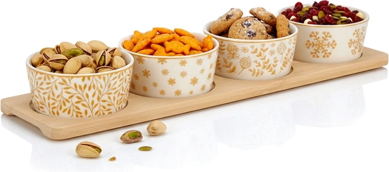 Porcelán tálkák bambusz tálcán, 5 részes készlet