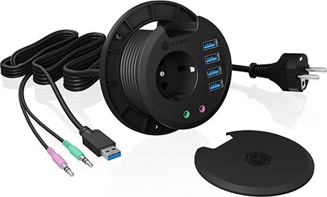 ICY BOX asztali hub 80 mm-es furatba, 4× USB 3.0-val, audióval és 230 V-os aljzattal