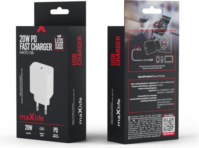 Maxlife 20W USB‑C hálózati töltő PD és QC támogatással, fehér