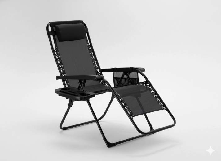 Zero Gravity kerti dönthető nyugágy, összecsukható, italtartós tálcával és oldalzsebbel, fekete, 65 × 176 × 110 cm