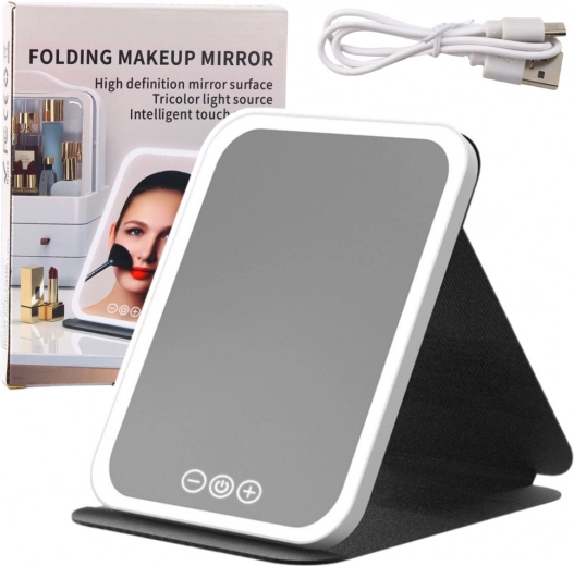 Összecsukható LED tükör tokkal, 3 világítási mód és fokozatmentes fényerő-szabályzás, 18,5 cm