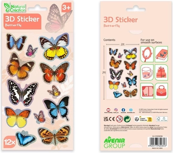 AVENIR 3D pillangó matricák, 12 darabos készlet