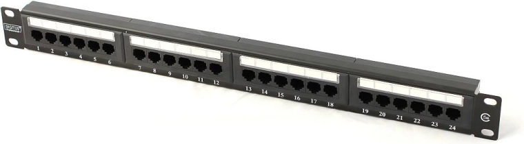 Patch panel 19" 24 RJ45 port, kat. 5e U/UTP 1U, fekete DIGITUS
