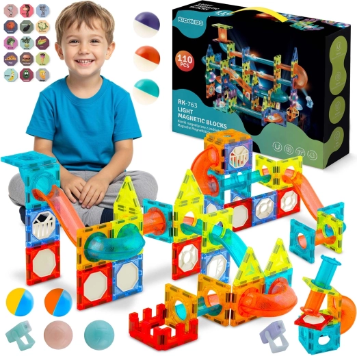 Világító mágneses építőjáték golyópályával, Ricokids, 110 darabos