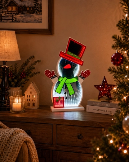 Karácsonyi 3D LED dekoráció hóemberrel, Infinity tükörhatással - 1 db