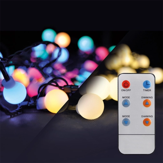 Solight kültéri LED karácsonyi fényfüzér 2 az 1-ben gömbökkel és távirányítóval, 100 LED, RGB + semleges fehér, 10 m + 5 m, IP44