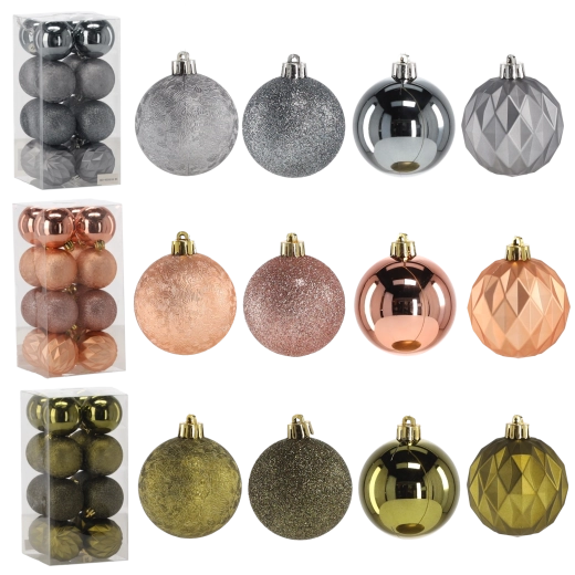Karácsonyi díszkészlet 6 cm – olívazöld, réz és grafit, 16 db