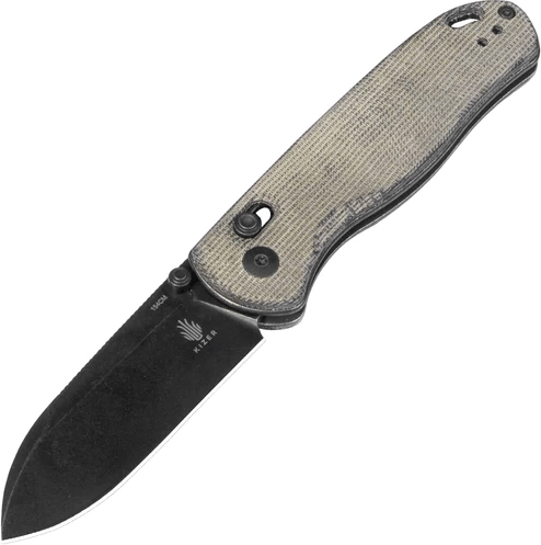 Kizer Drop Bear zsebkés 7,6 cm, fekete stonewash, zöld micarta
