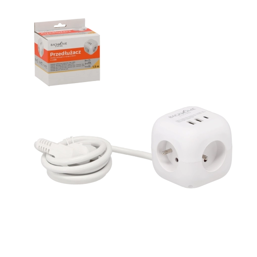 Hosszabbító kocka 3×230 V és 3× USB, 1,5 m, fehér
